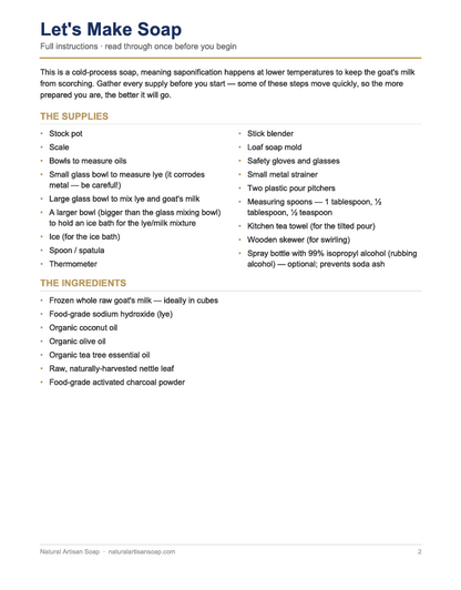 Recipe PDF: Tea Tree, Nettle & Activated Charcoal Goats Milk Bar Soap